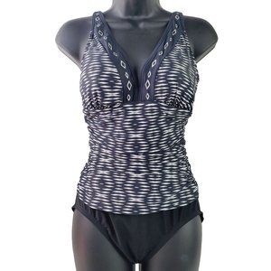 Maidenform Beach Deep V Neck Slimming Side Rouching w/ Geometric Print, Sz 10